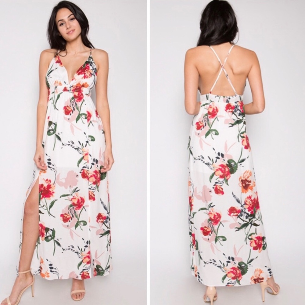 Whit Floral Print Maxi Dress